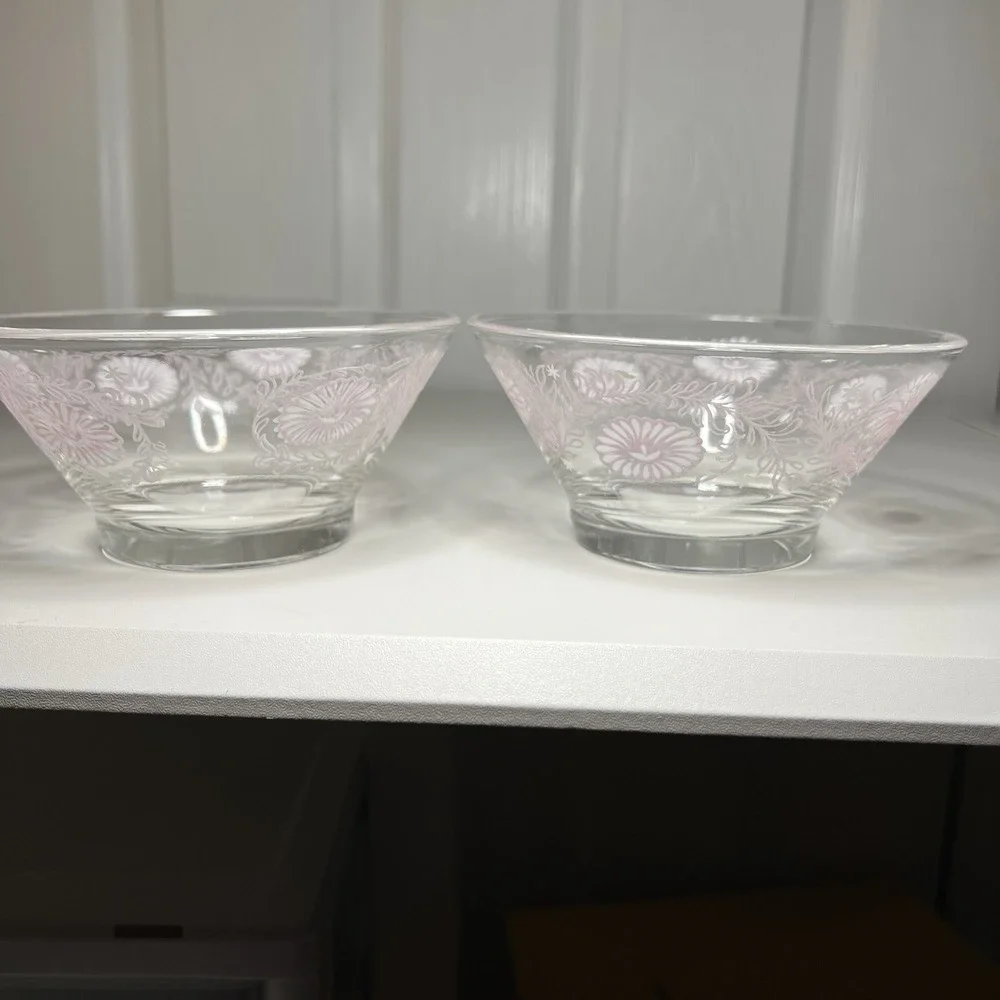 2-Vtg Todd Glass Clear Glass Fruit or Dessert Bowls Pink White Daisy